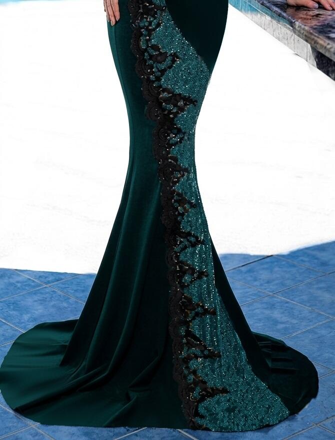 0936 Abito lungo a sirena in tessuto crepe elastica con inserti lumix e pizzo