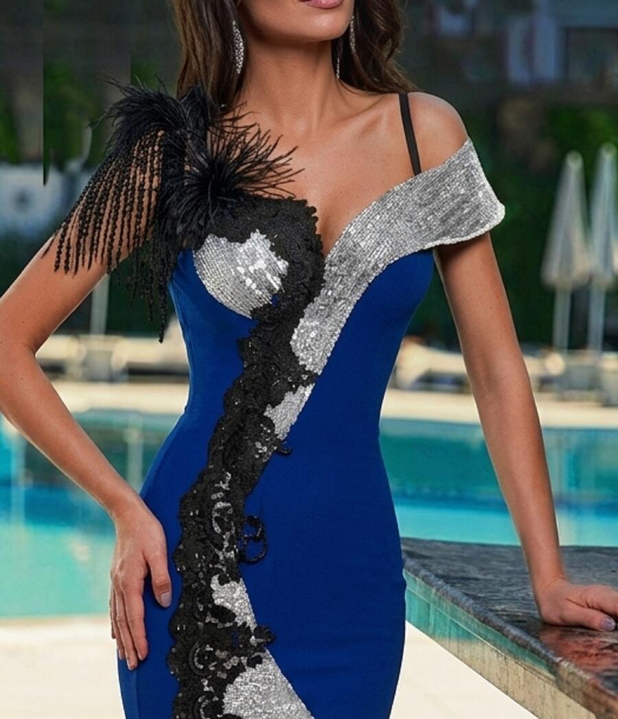 0933 Long mermaid dress in elastic crepe fabric with lumix and lace inserts