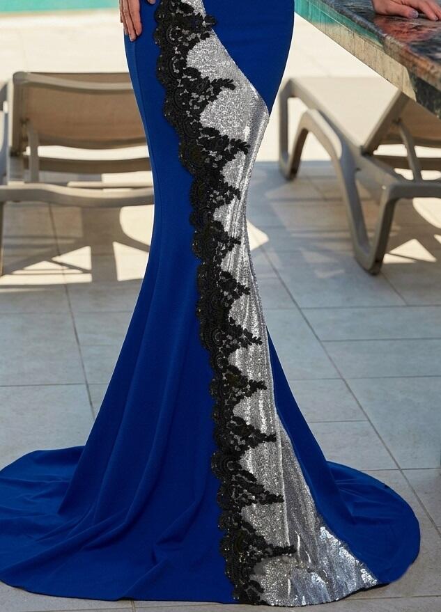 0933 Long mermaid dress in elastic crepe fabric with lumix and lace inserts