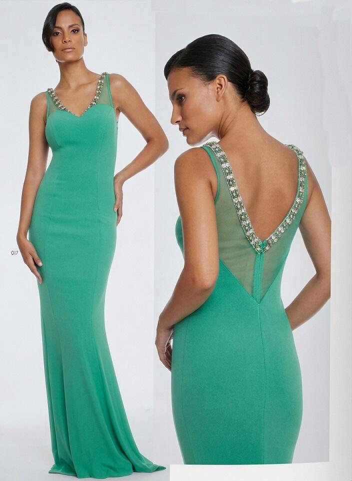 0919 Abito lungo verde mare con strass incastonati argento e tulle nella parte alta