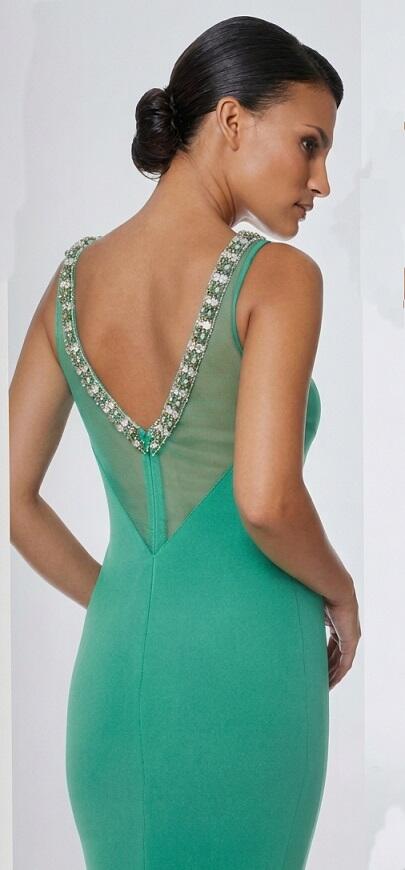 0919 Abito lungo verde mare con strass incastonati argento e tulle nella parte alta