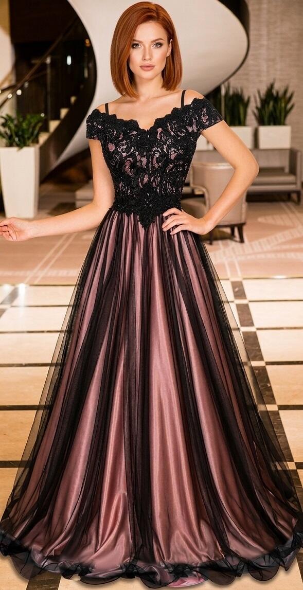 0602 LONG EMPIRE DRESS IN TULLE AND MACRAME 'LACE LINED IN PINK SATIN