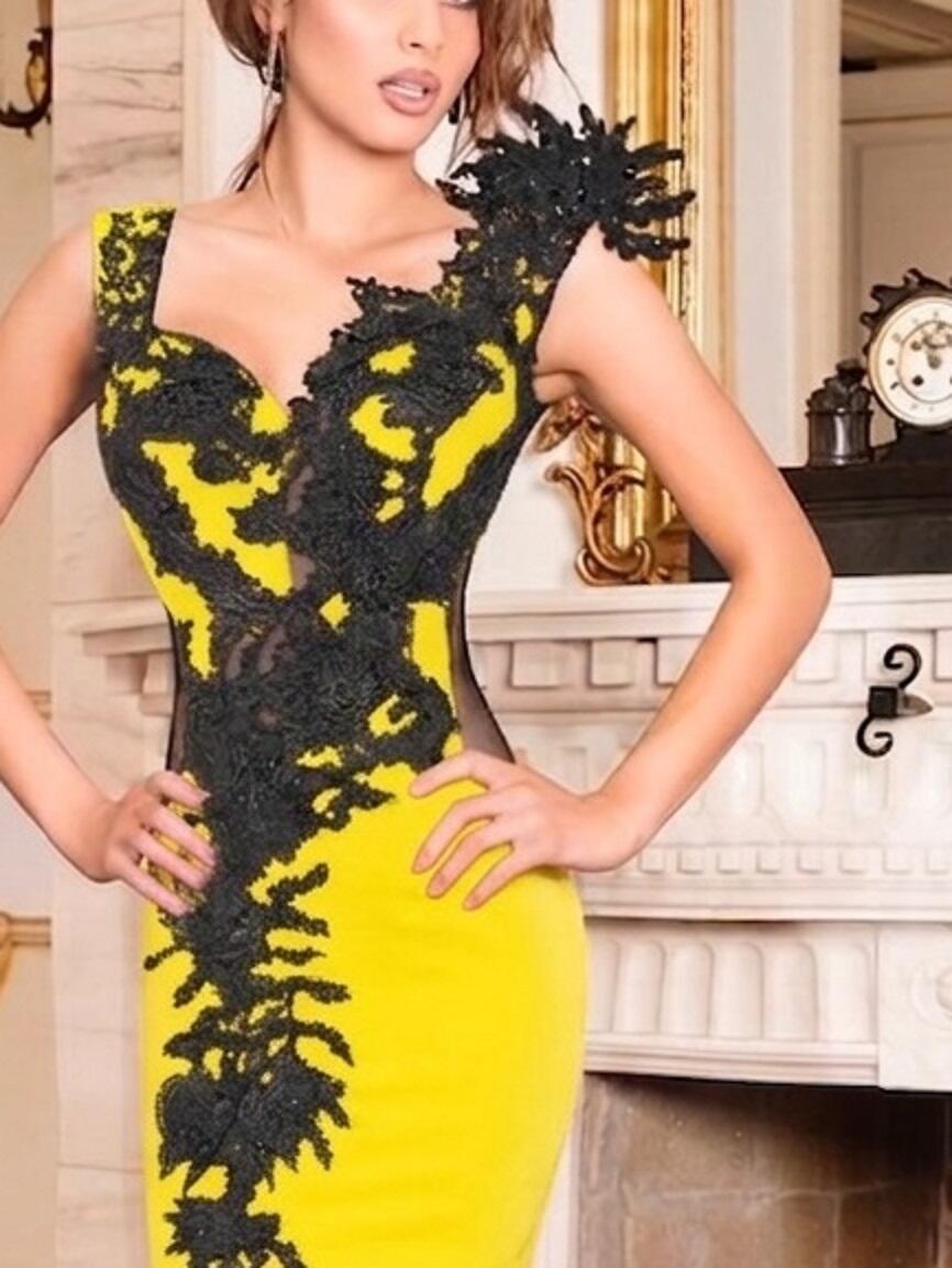 0798 LONG DRESS IN ELASTIC CREPE WITH MACRAME 'LACE TULLE AND MICRO SEQUINS