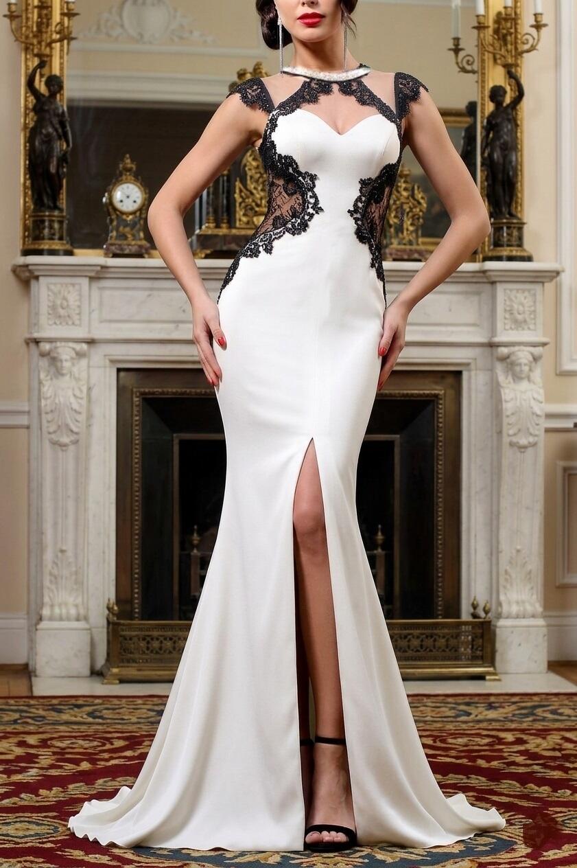 0807 ABITO A SIRENA IN LYCRA CON SPACCO CENTRALE FIANCHI CON TULLE TRASPARENTE E STRASS