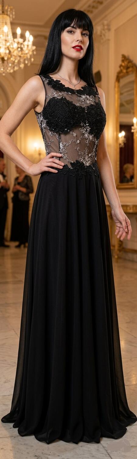 0194/02 ABITO DA GALA' IN CHIFFON NERO CON TULLE TRASPARENTE E MACRAME' ORO