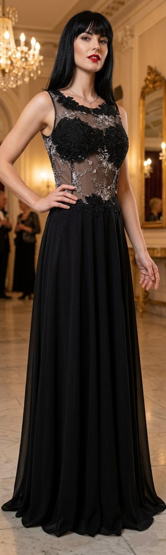 0194/02 ABITO DA GALA' IN CHIFFON NERO CON TULLE TRASPARENTE E MACRAME' ORO