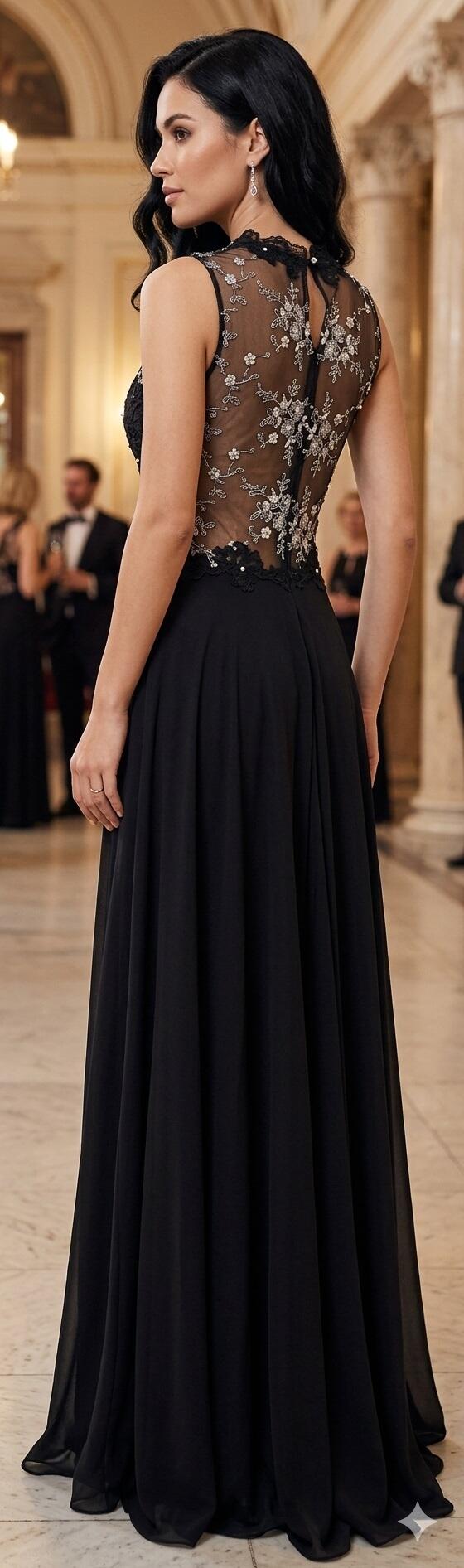 0194/02 ABITO DA GALA' IN CHIFFON NERO CON TULLE TRASPARENTE E MACRAME' ORO