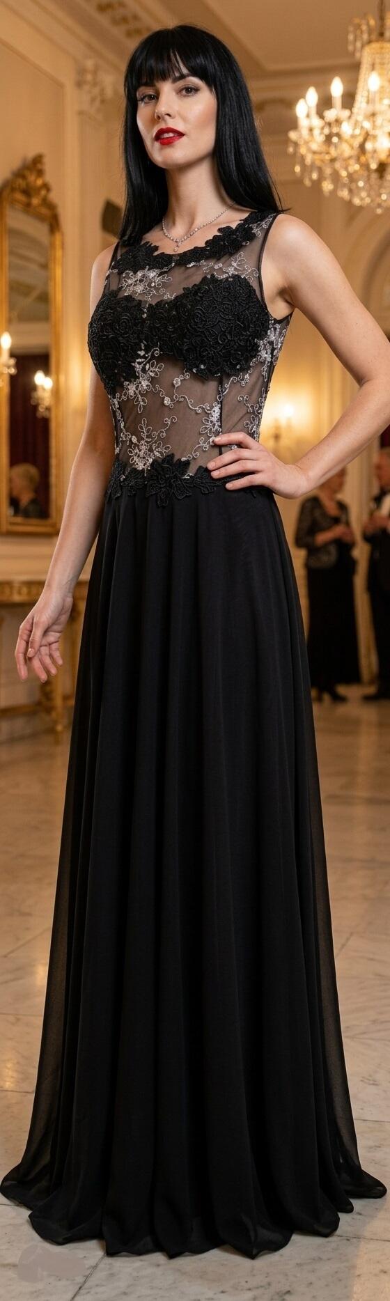 0194/02 ABITO DA GALA' IN CHIFFON NERO CON TULLE TRASPARENTE E MACRAME' ORO