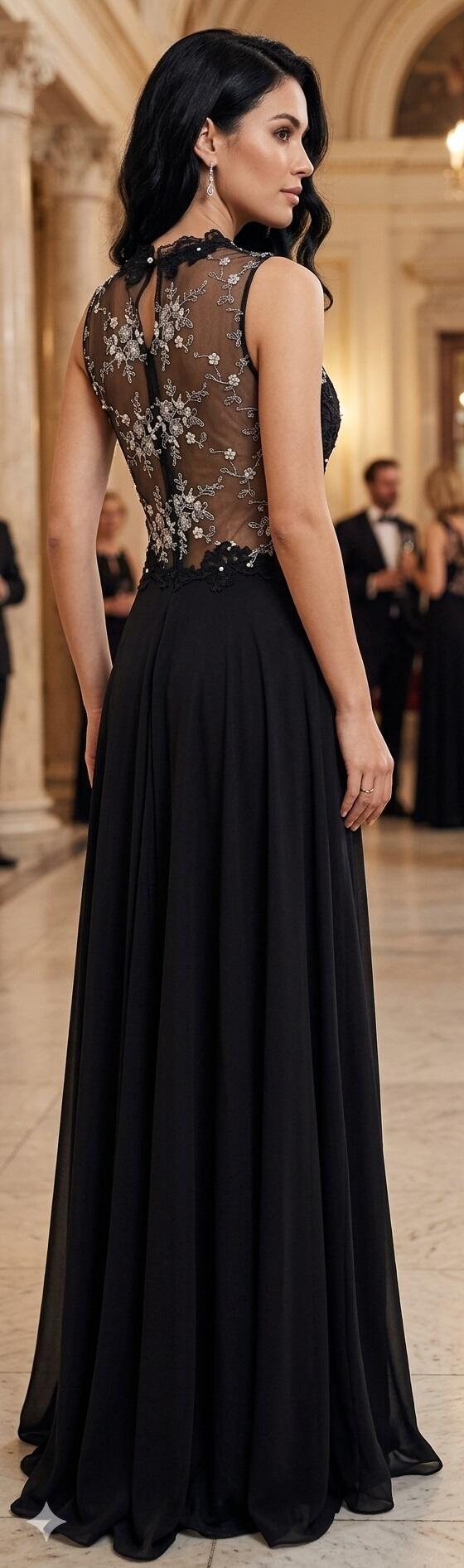 0194/02 ABITO DA GALA' IN CHIFFON NERO CON TULLE TRASPARENTE E MACRAME' ORO