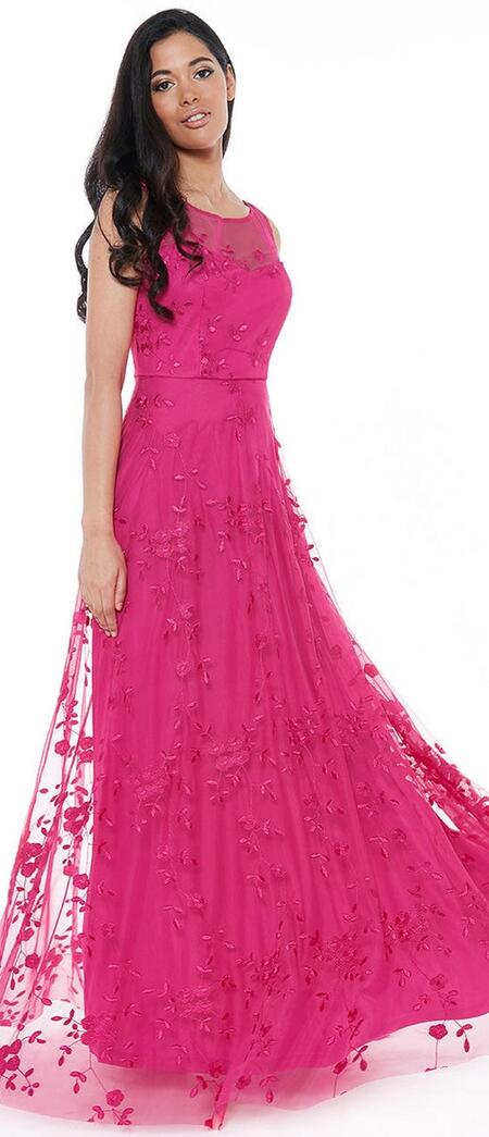 0453 ABITO LUNGO COLOR CORALLO IN TULLE RICAMATO E FODERATO