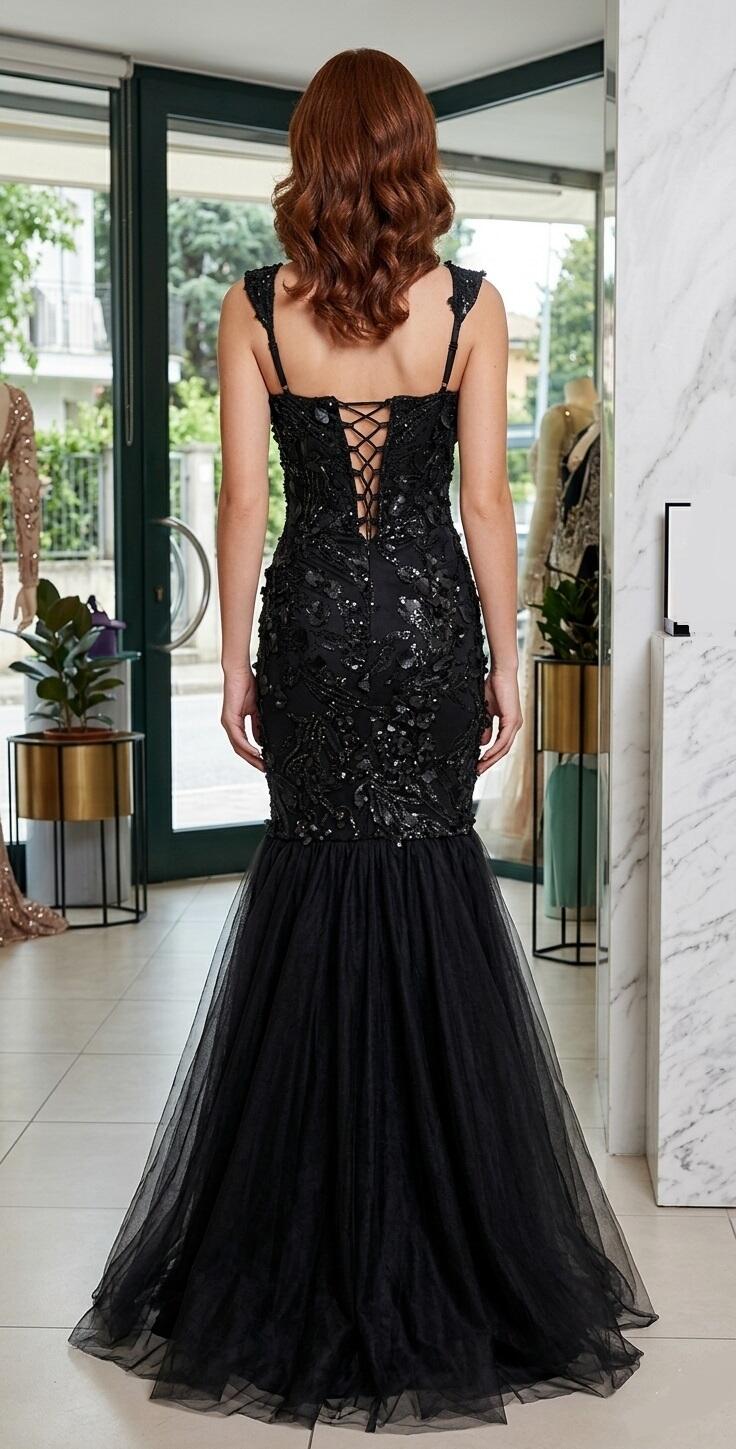 0923 Dress with side slit with 3D embroidered sequins and wide tulle hem