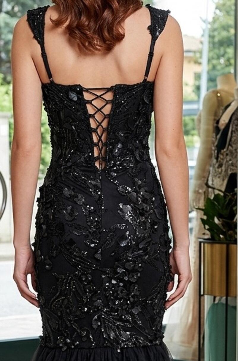 0923 Dress with side slit with 3D embroidered sequins and wide tulle hem