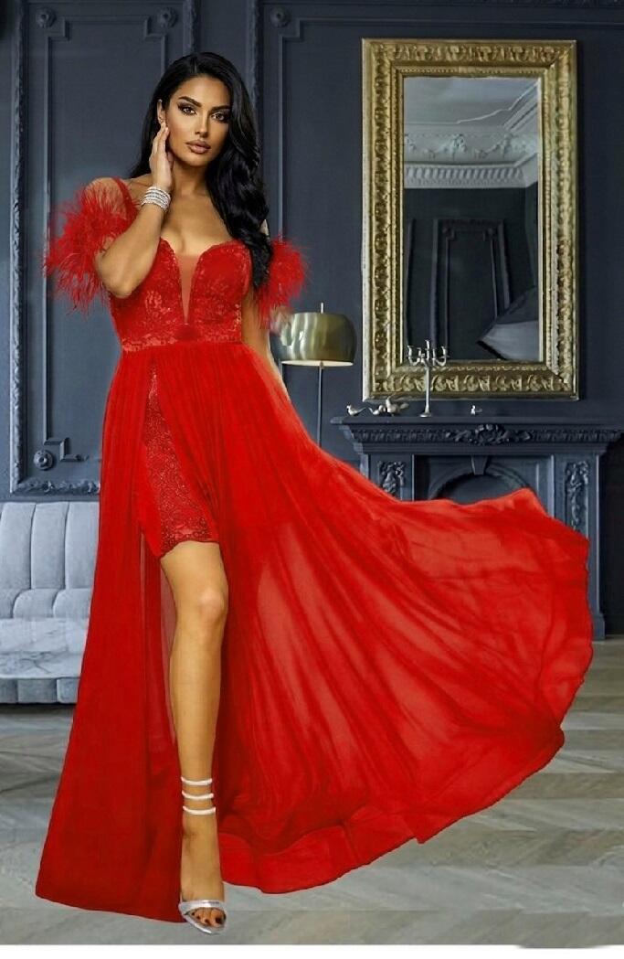 0889 Abito corto e lungo 2 in 1 tubino con gonna in chiffon separata 2 colori rosso oppure nero