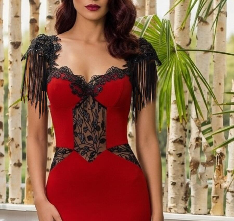 0779 ELASTIC CREPE FABRIC TUBE WITH MACRAME TULLE LACE AND PAILLETTES