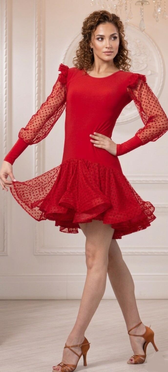 Short front and longer back ball gown with sleeves and polka dot embroidered tulle skirt U654