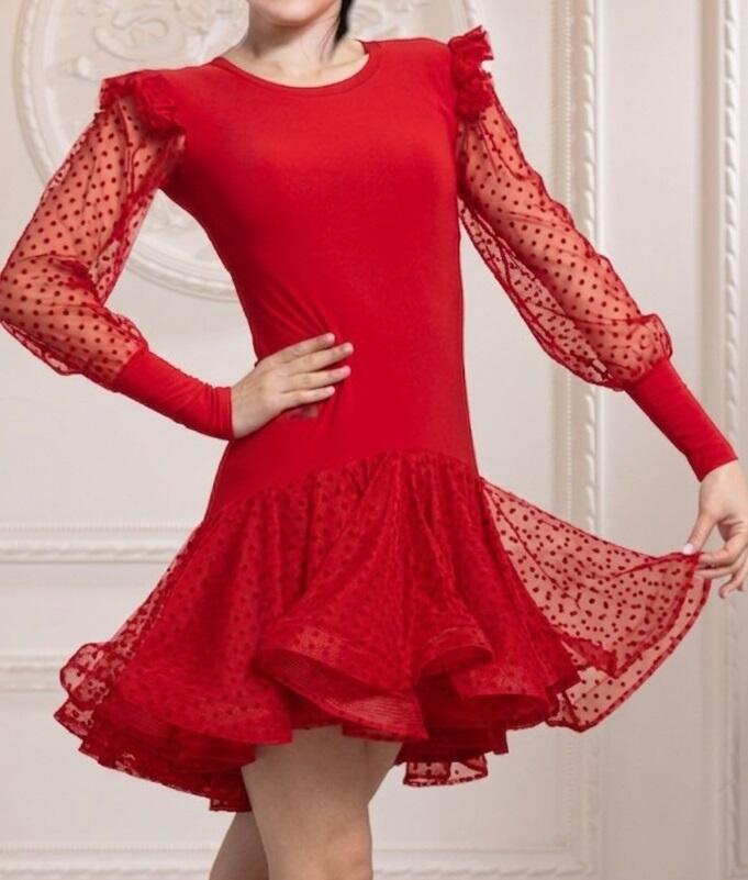 Short front and longer back ball gown with sleeves and polka dot embroidered tulle skirt U654