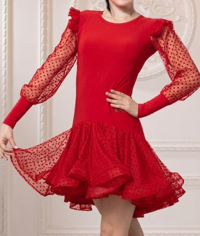 Short front and longer back ball gown with sleeves and polka dot embroidered tulle skirt U654