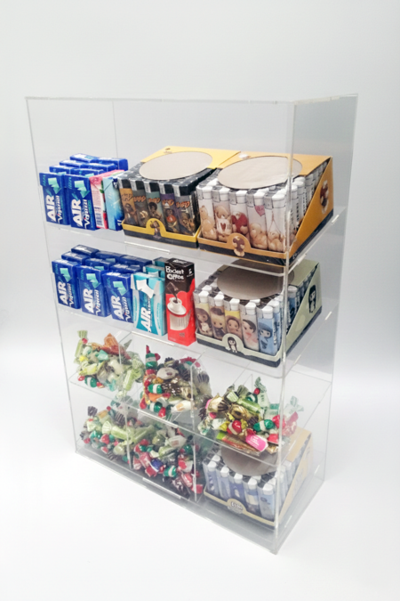 Espositore da banco e da parete a 4 piani per caramelle, snack, accendini, gomme, cioccolate