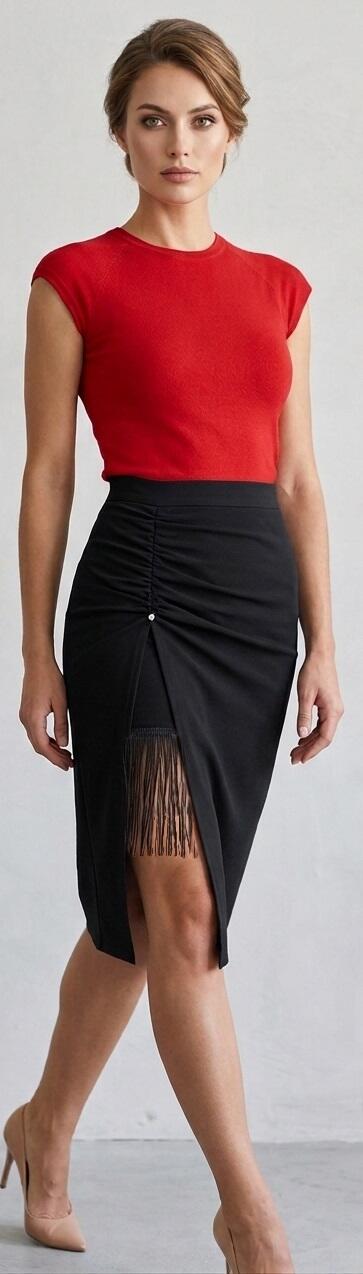 2-0048 ARGENTINE TANGO PENCIL SKIRT WITH SIDE SPLIT WITH DRAWSTRING AND FRINGES