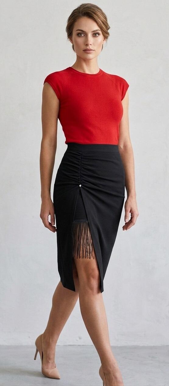 2-0048 ARGENTINE TANGO PENCIL SKIRT WITH SIDE SPLIT WITH DRAWSTRING AND FRINGES