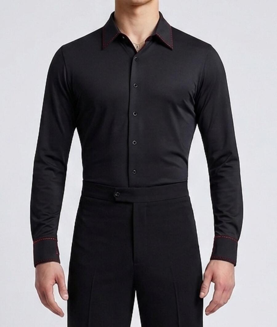 Black Viscose Dance Shirt with Red Stitching 9-0012R