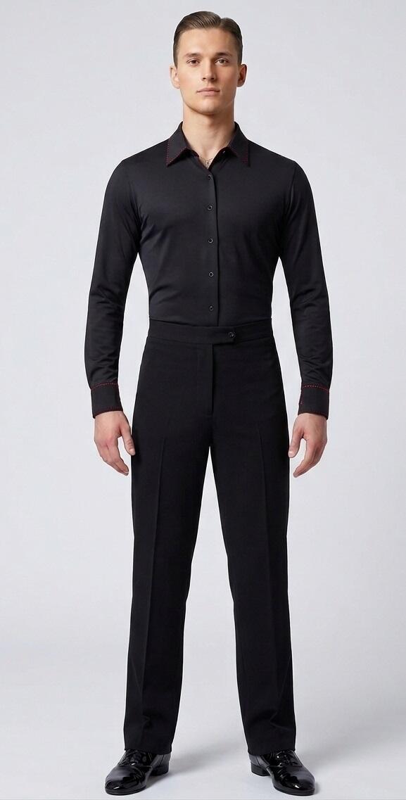 Black Viscose Dance Shirt with Red Stitching 9-0012R