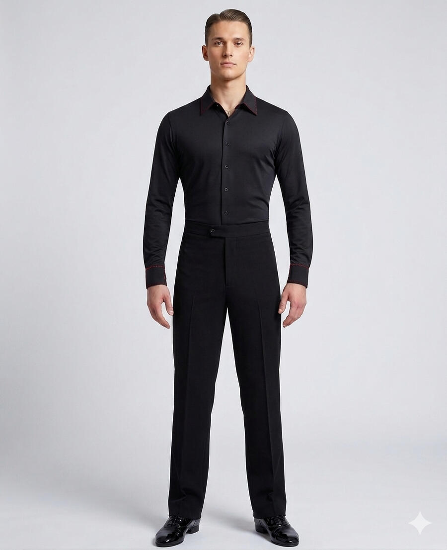 Black Viscose Dance Shirt with Red Stitching 9-0012R