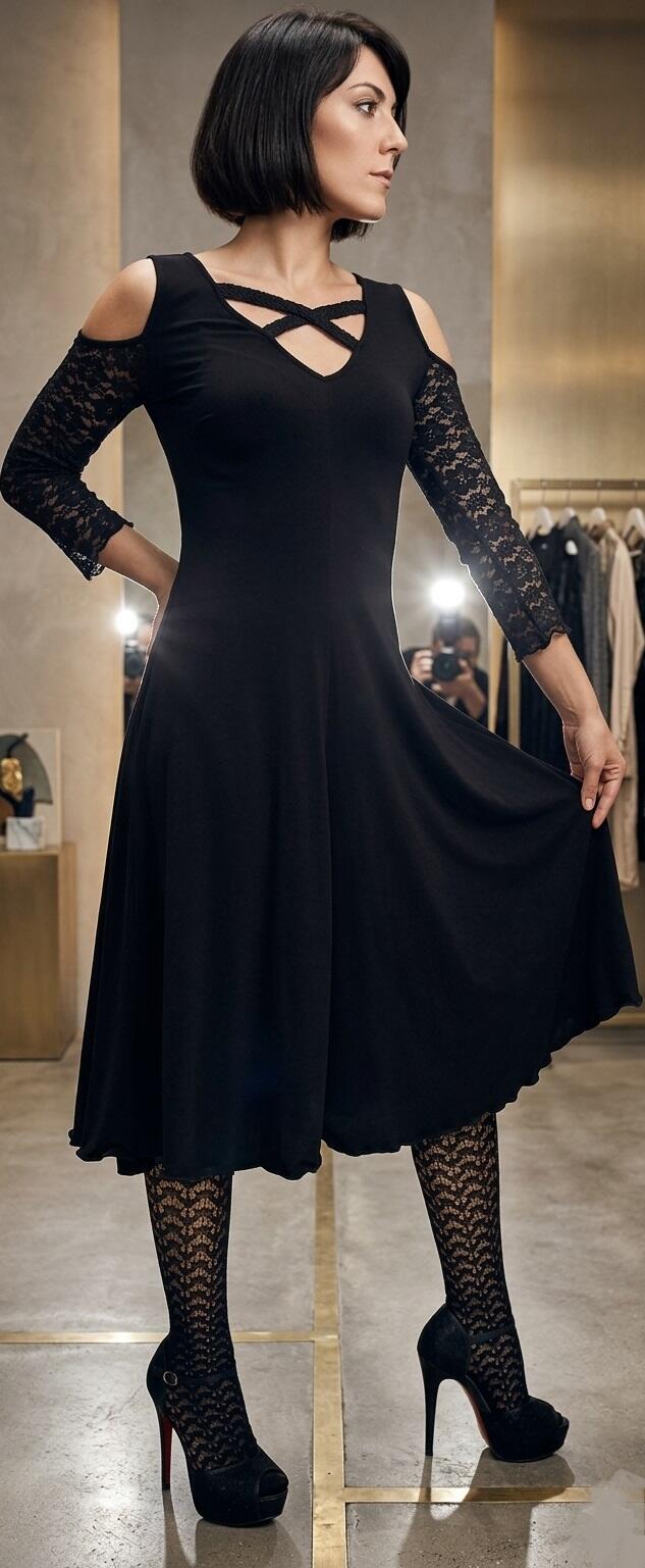 BLACK DANCE DRESS WITH LACE SLEEVES AND BACK 4-0032