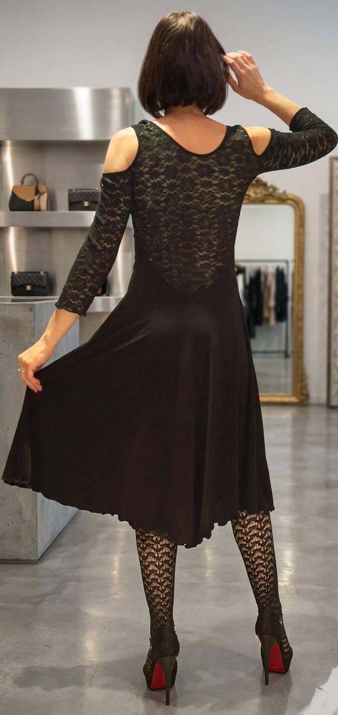 BLACK DANCE DRESS WITH LACE SLEEVES AND BACK 4-0032
