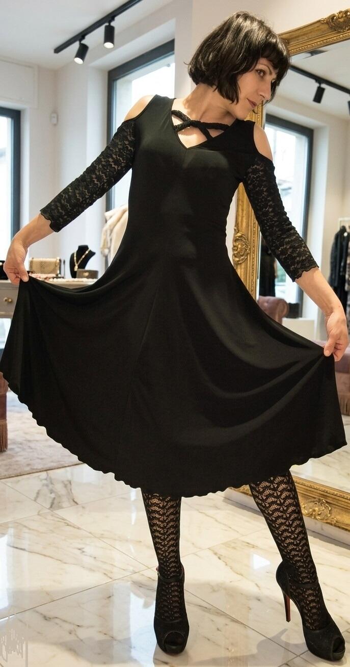 BLACK DANCE DRESS WITH LACE SLEEVES AND BACK 4-0032