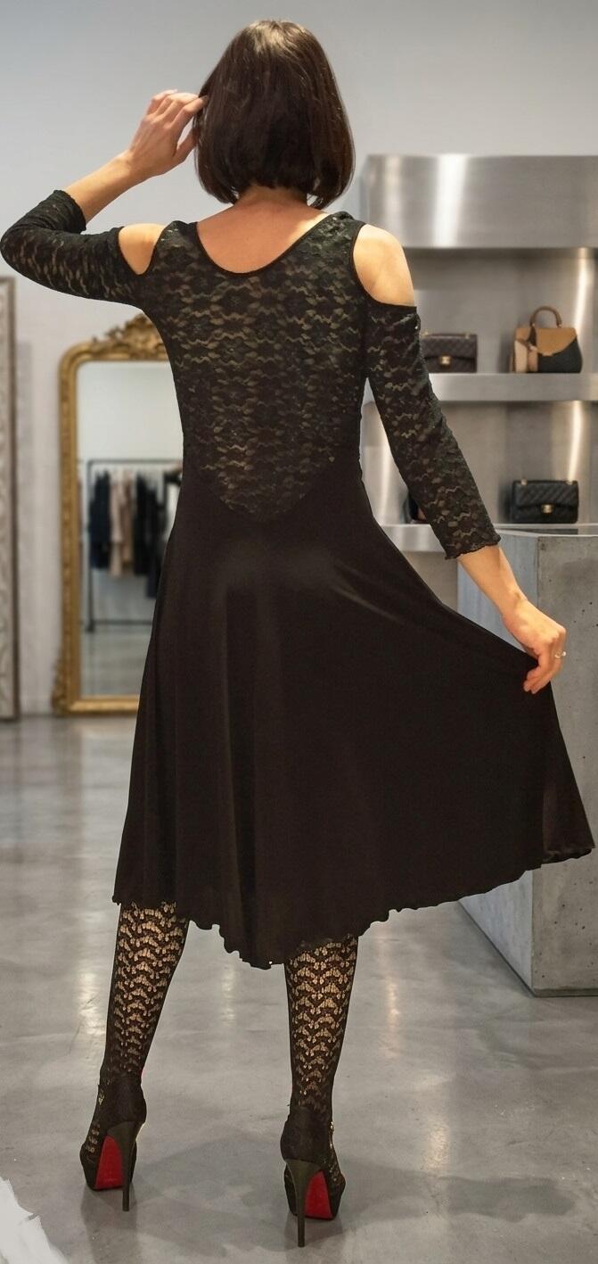 BLACK DANCE DRESS WITH LACE SLEEVES AND BACK 4-0032
