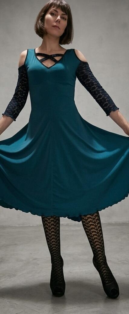 DRESS DANCE DENIM BLUE WITH SLEEVES AND BACK COTTON LACE 4-0032 BLU DENIM