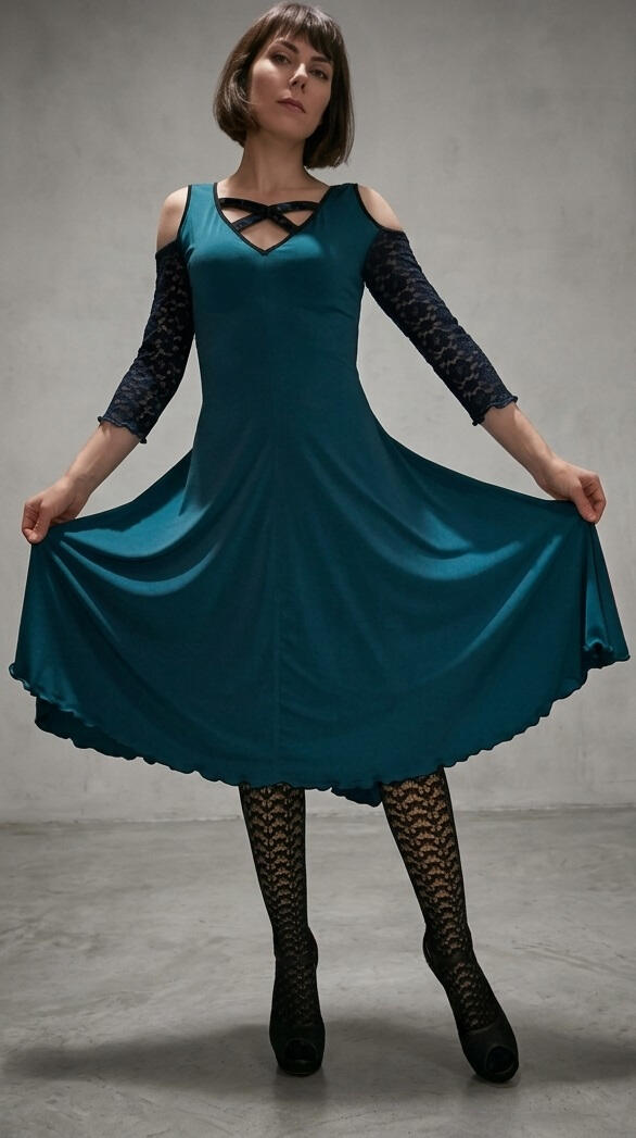 DRESS DANCE DENIM BLUE WITH SLEEVES AND BACK COTTON LACE 4-0032 BLU DENIM