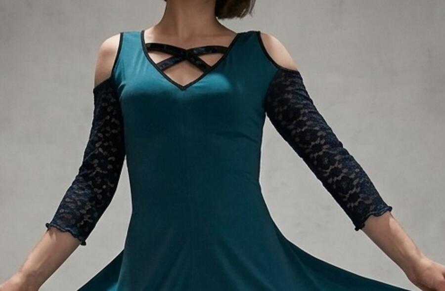 DRESS DANCE DENIM BLUE WITH SLEEVES AND BACK COTTON LACE 4-0032 BLU DENIM