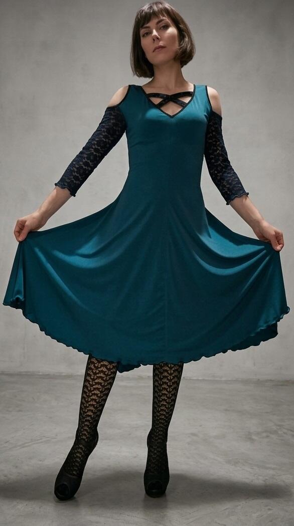 DRESS DANCE DENIM BLUE WITH SLEEVES AND BACK COTTON LACE 4-0032 BLU DENIM