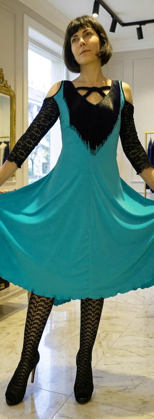 DANCE DRESS WITH FRINGED NECK AND LACE SLEEVES AND BACK 4-0032 FRINGES