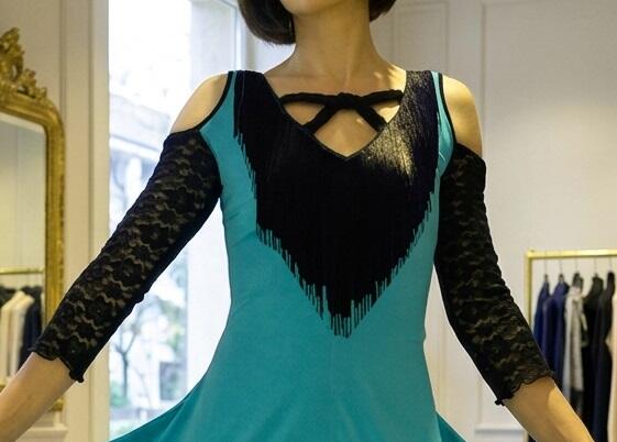 DANCE DRESS WITH FRINGED NECK AND LACE SLEEVES AND BACK 4-0032 FRINGES