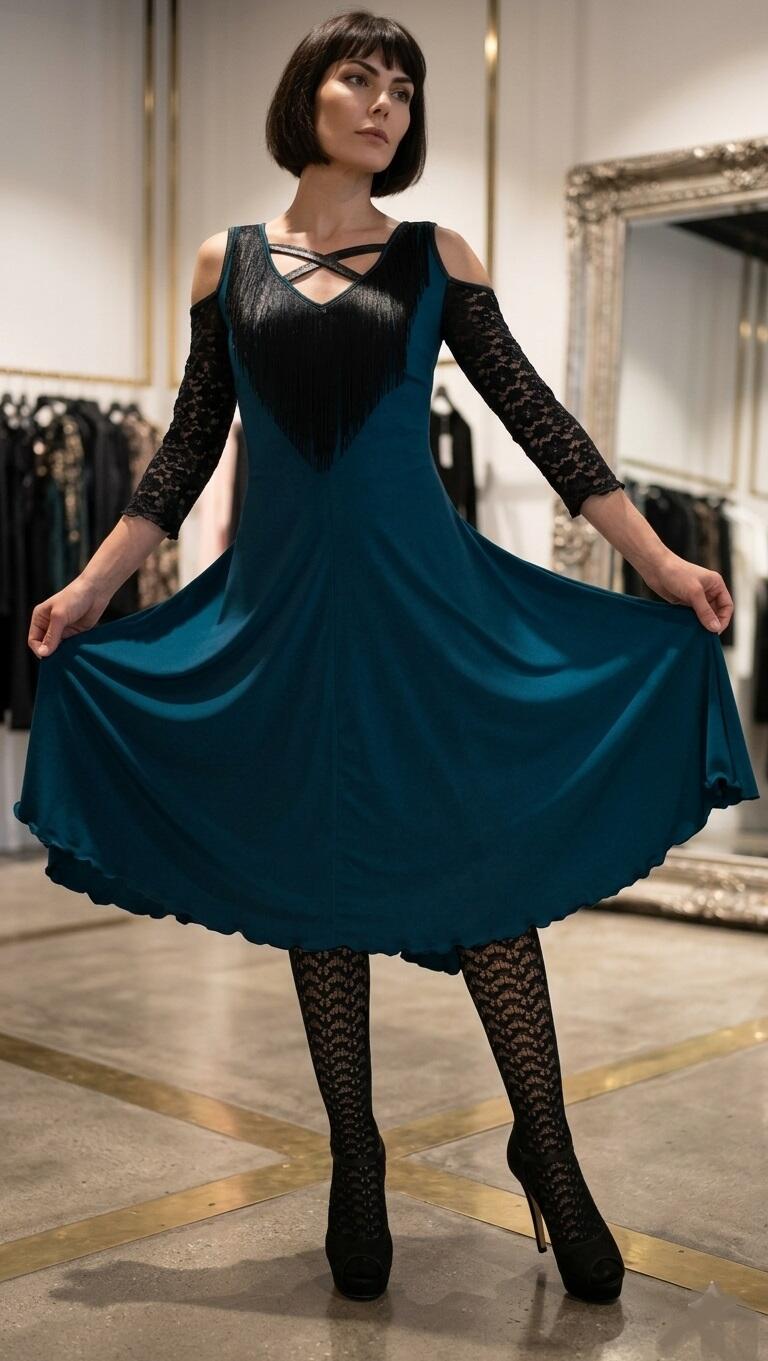 DANCE DRESS WITH FRINGED NECK AND LACE SLEEVES AND BACK 4-0032 FRINGES