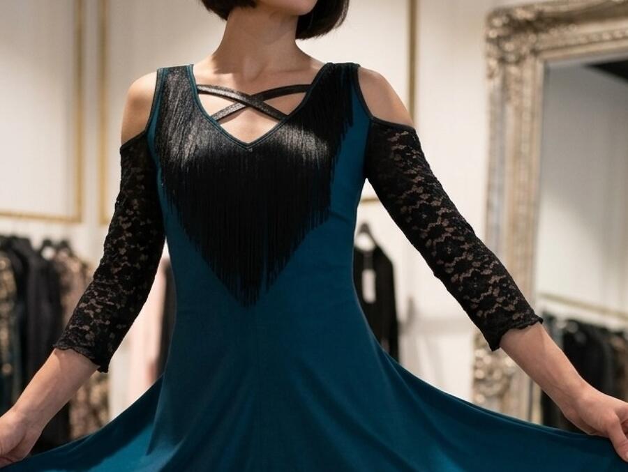 DANCE DRESS WITH FRINGED NECK AND LACE SLEEVES AND BACK 4-0032 FRINGES