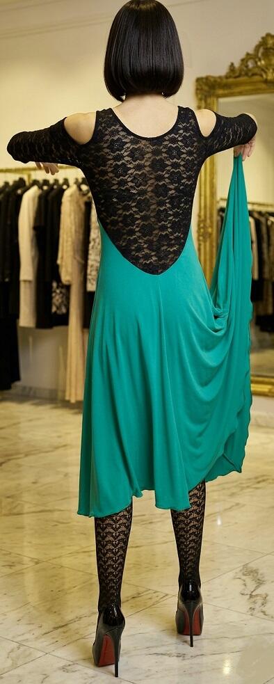 DANCE DRESS WITH FRINGED NECK AND LACE SLEEVES AND BACK 4-0032 FRINGES