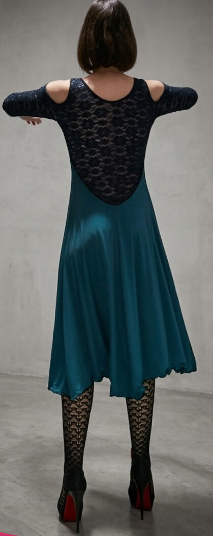 DANCE DRESS WITH FRINGED NECK AND LACE SLEEVES AND BACK 4-0032 FRINGES