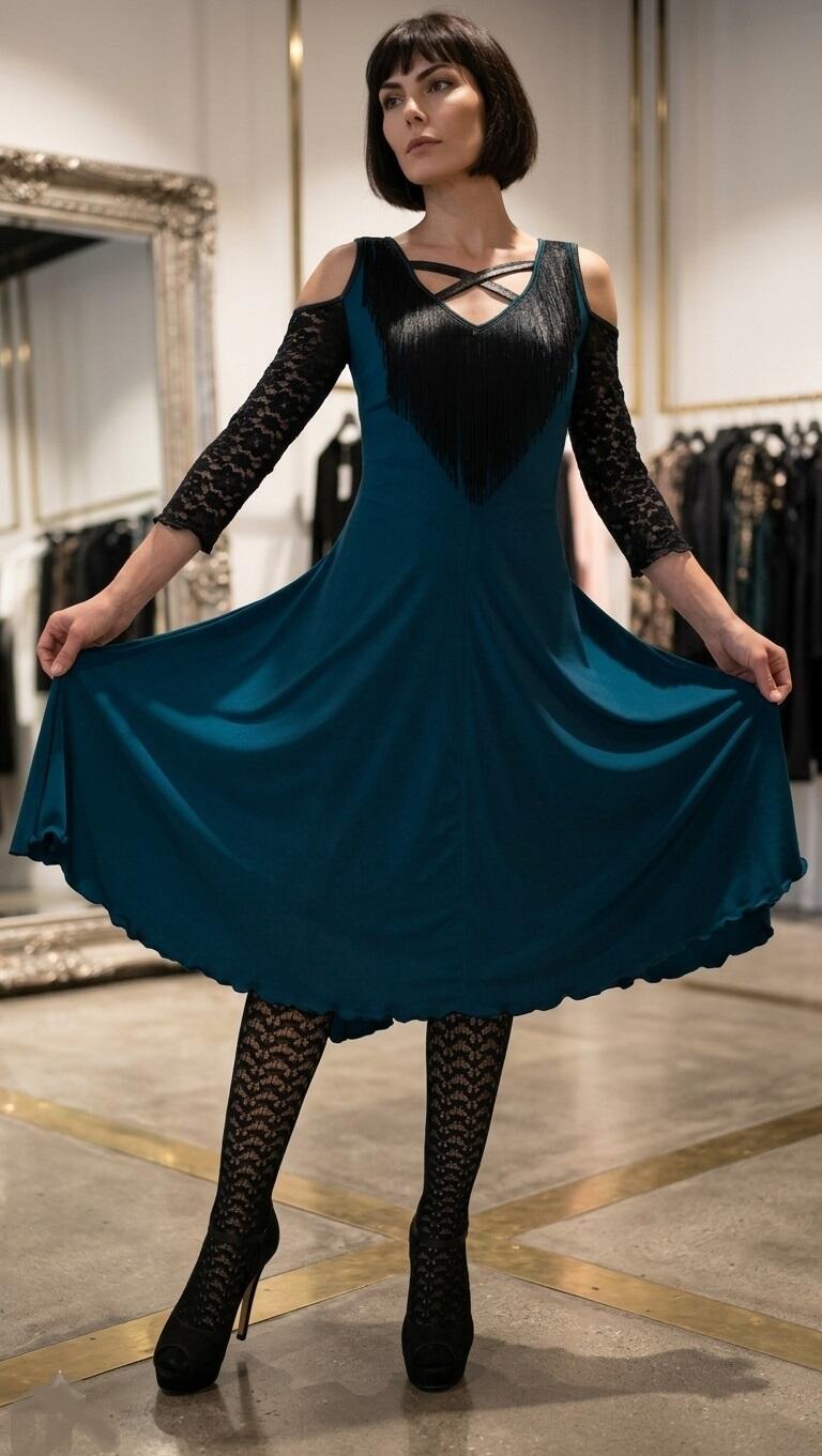 DANCE DRESS WITH FRINGED NECK AND LACE SLEEVES AND BACK 4-0032 FRINGES