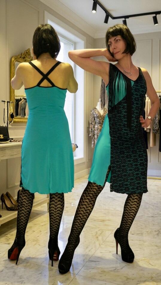 GREEN TANGO AND DANCE DRESS WITH LACE FRINGES AND FRINGES 4-0033 F