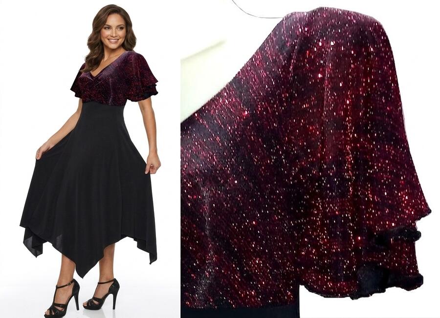 4-0156 seven-eighths ball gown with square cut and glitter bodice and sleeves