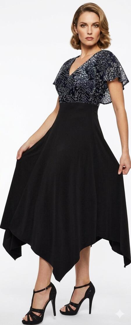 4-0155 seven-eighths ball gown with square cut and glitter bodice and sleeves