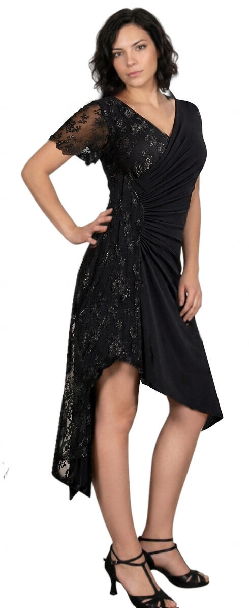 DANCE AND TANGO DRESS WITH ASYMMETRIC CUT WITH DOUBLED SIDE IN LACE 4-0154