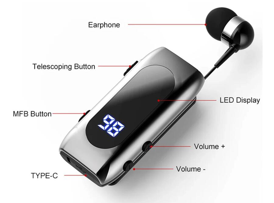AURICOLARE BLUETOOTH VIBRAZIONE RETRATTILE CUFFIA WIRELESS CLIP iOS ANDROID K55