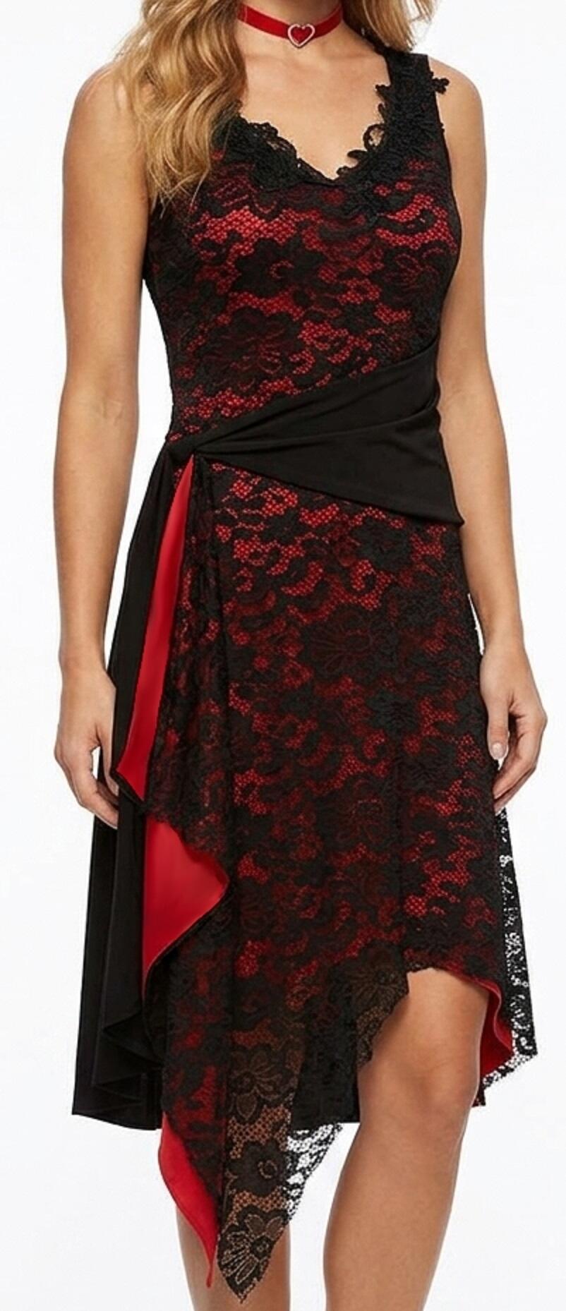 DRESS ARGENTINE TANGO IN TACTEL RED BLACK LACE AND SPLITTING 4-0053