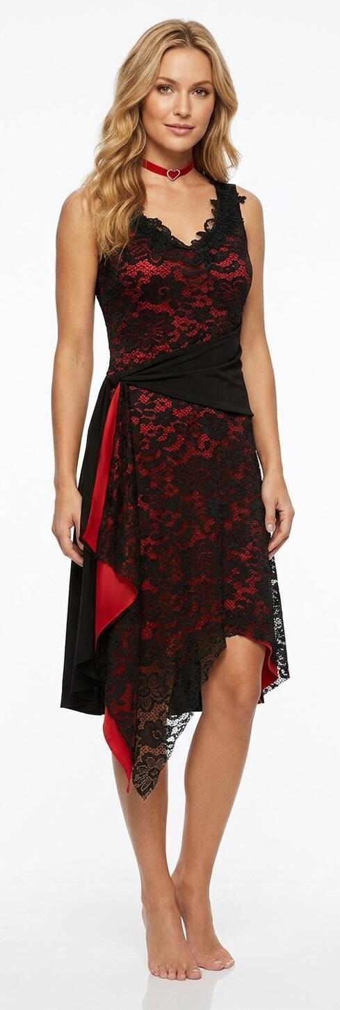 DRESS ARGENTINE TANGO IN TACTEL RED BLACK LACE AND SPLITTING 4-0053