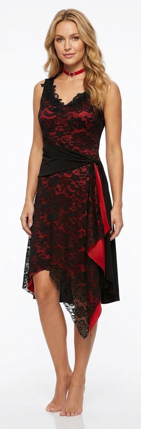 DRESS ARGENTINE TANGO IN TACTEL RED BLACK LACE AND SPLITTING 4-0053